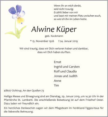 Anzeige von Alwine Küper von Westfälische Nachrichten