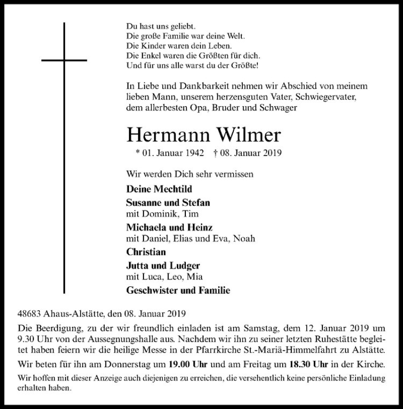  Traueranzeige für Hermann Wilmer vom 10.01.2019 aus Westfälische Nachrichten