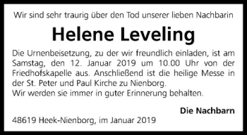 Anzeige von Helene Leveling von Westfälische Nachrichten