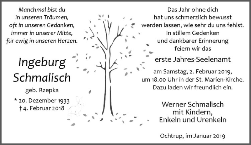  Traueranzeige für Ingeburg Schmalisch vom 30.01.2019 aus Westfälische Nachrichten