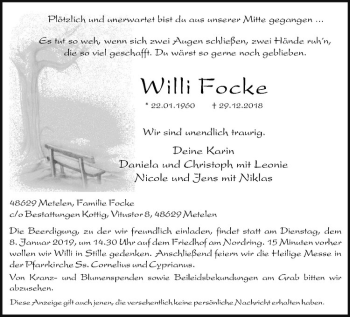 Anzeige von Willi Focke von Westfälische Nachrichten