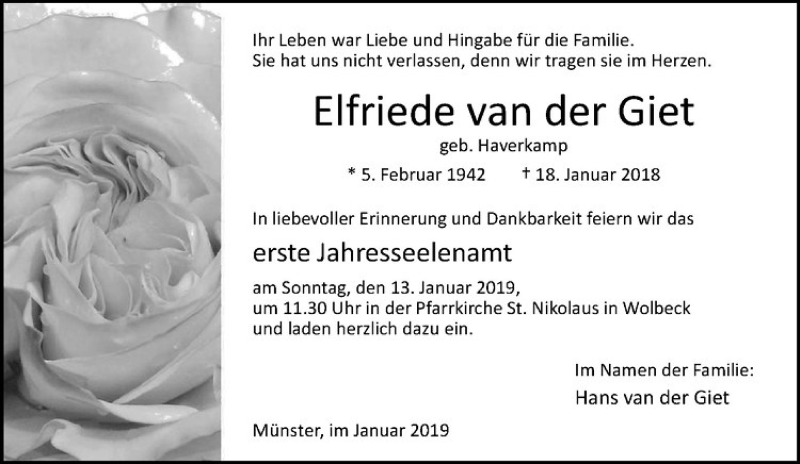  Traueranzeige für Elfriede van der Giet vom 12.01.2019 aus Westfälische Nachrichten