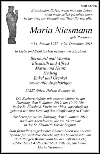 Anzeige von Maria Niesmann von Westfälische Nachrichten