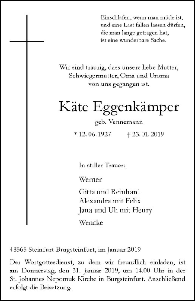  Traueranzeige für Käte Eggenkämper vom 26.01.2019 aus Westfälische Nachrichten
