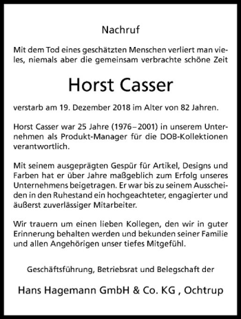Anzeige von Horst Casser von Westfälische Nachrichten