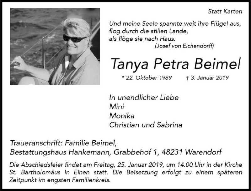 Traueranzeige für Tanya Petra Beimel vom 19.01.2019 aus Westfälische Nachrichten