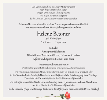 Anzeige von Helene Beumer von Westfälische Nachrichten