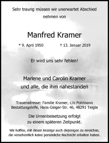 Anzeige von Manfred Kramer von Westfälische Nachrichten