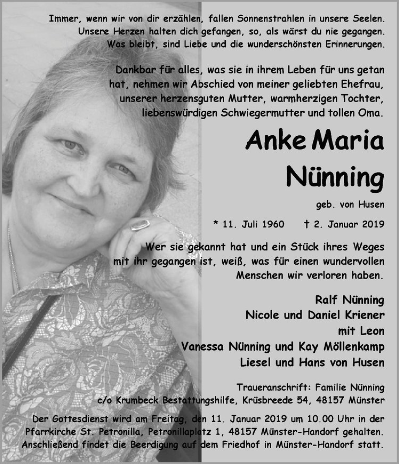  Traueranzeige für Anke Maria Nünning vom 09.01.2019 aus Westfälische Nachrichten