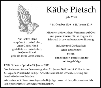 Anzeige von Käthe Pietsch von Westfälische Nachrichten