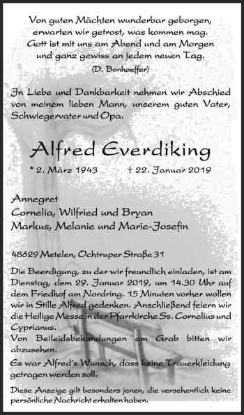 Anzeige von Alfred Everdiking von Westfälische Nachrichten