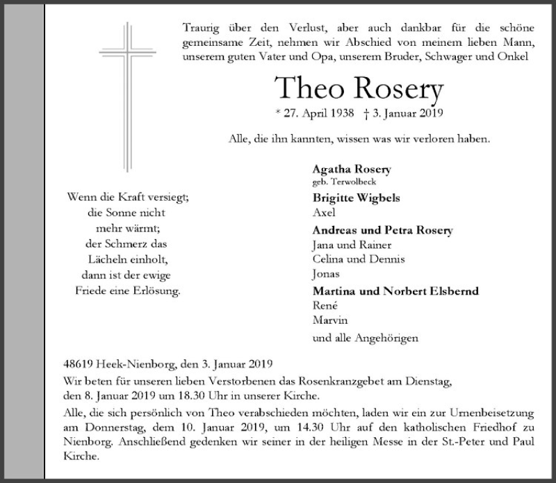  Traueranzeige für Theo Rosery vom 07.01.2019 aus Westfälische Nachrichten