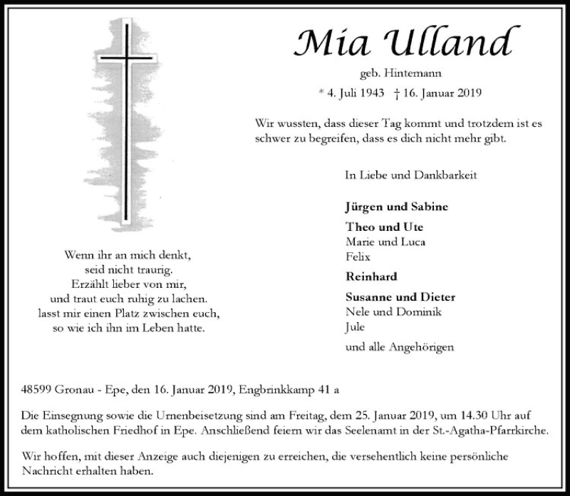  Traueranzeige für Mia Ulland vom 19.01.2019 aus Westfälische Nachrichten
