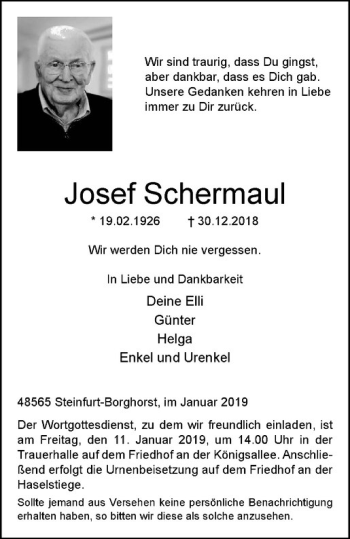Anzeige von Josef Schermaul von Westfälische Nachrichten