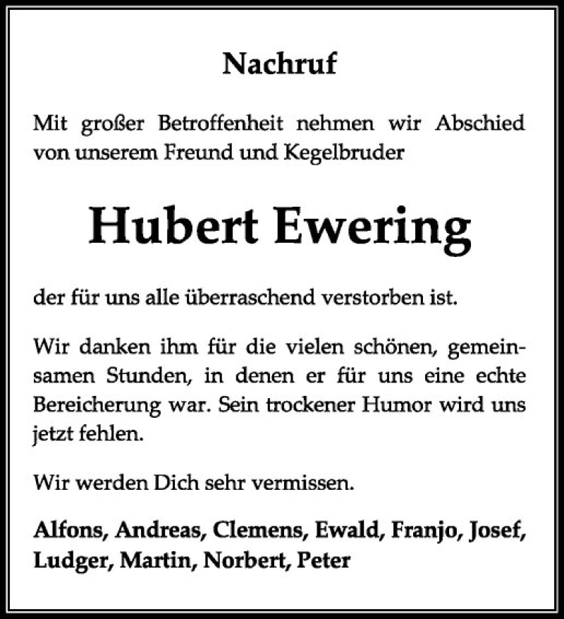  Traueranzeige für Hubert Ewering vom 03.01.2019 aus Westfälische Nachrichten