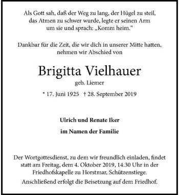 Anzeige von Brigitta Vielhauer von Westfälische Nachrichten