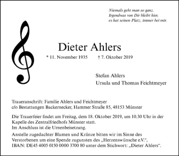 Anzeige von Dieter Ahlers von Westfälische Nachrichten