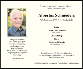 Anzeige von Albertus Schnieders von Westfälische Nachrichten