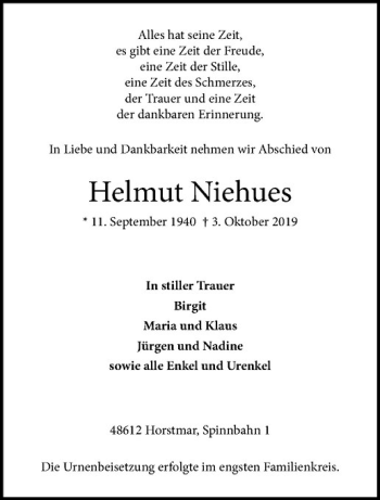 Anzeige von Helmut Niehues von Westfälische Nachrichten