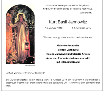 Anzeige von Kurt Basil Jannowitz von Westfälische Nachrichten