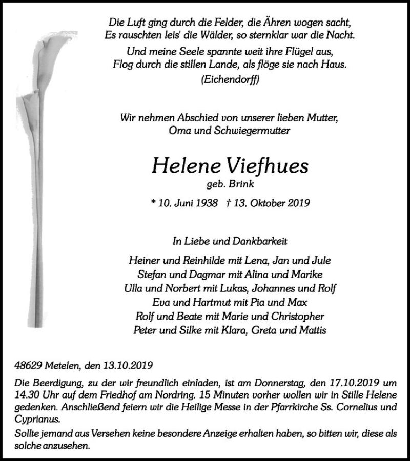  Traueranzeige für Helene Viefhues vom 15.10.2019 aus Westfälische Nachrichten