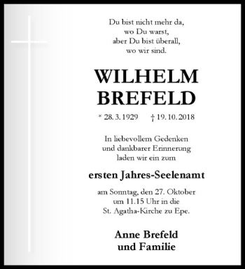 Anzeige von Wilhelm Brefeld von Westfälische Nachrichten