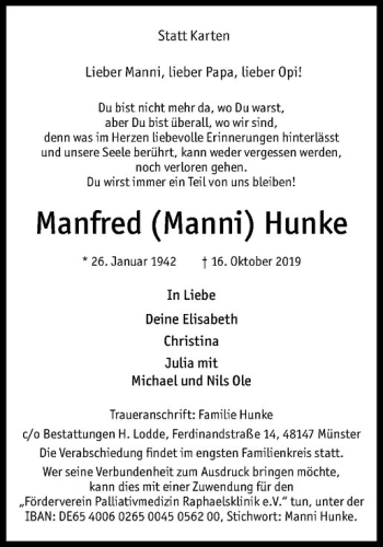 Anzeige von Manfred (Manni) Hunke von Westfälische Nachrichten