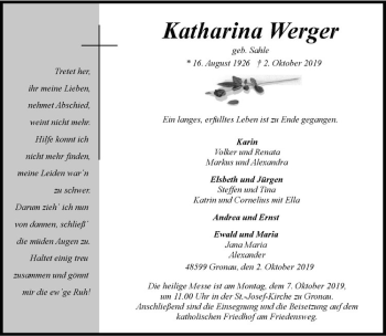 Anzeige von Katharina Werger von Westfälische Nachrichten