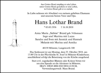 Anzeige von Hans Lothar Brand von Westfälische Nachrichten