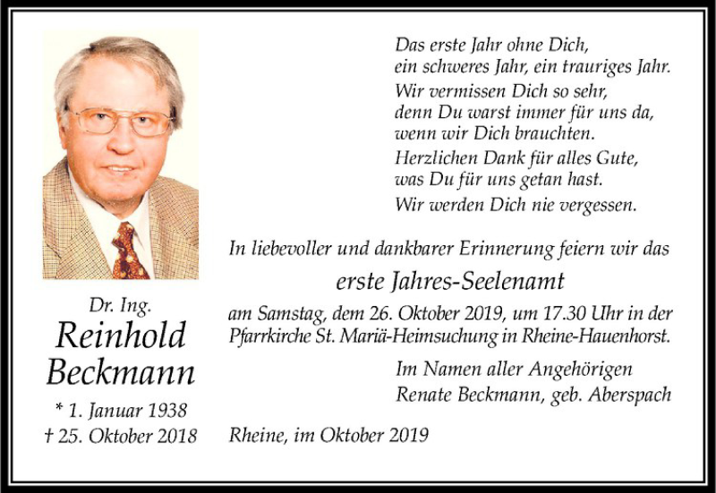  Traueranzeige für Reinhold Beckmann vom 19.10.2019 aus Westfälische Nachrichten