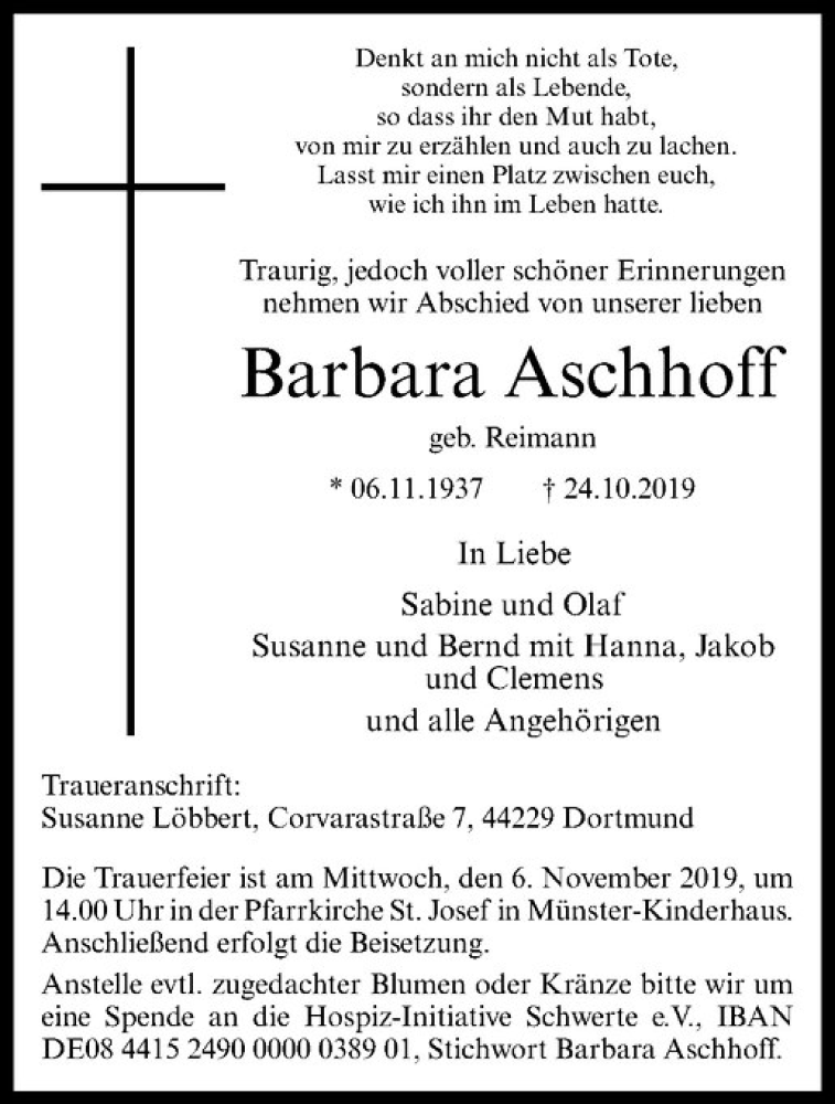  Traueranzeige für Barbara Aschhoff vom 30.10.2019 aus Westfälische Nachrichten