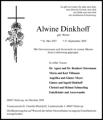 Anzeige von Alwine Dinkhoff von Westfälische Nachrichten