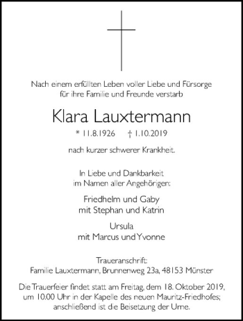 Anzeige von Klara Lauxtermann von Westfälische Nachrichten