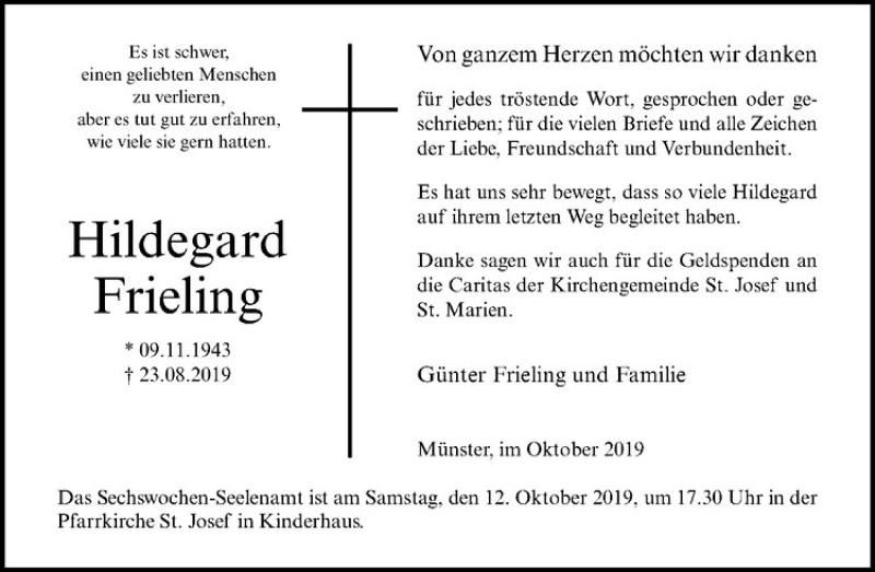  Traueranzeige für Hildegard Frieling vom 05.10.2019 aus Westfälische Nachrichten