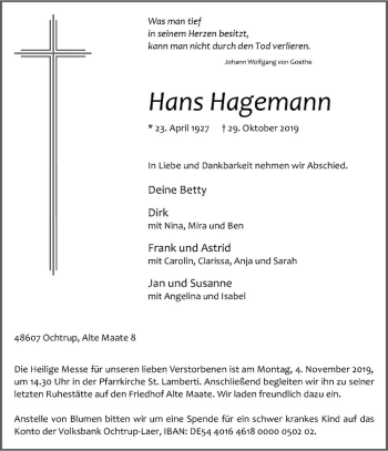 Anzeige von Hans Hagemann von Westfälische Nachrichten