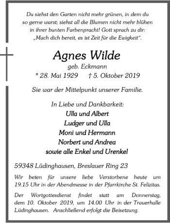 Anzeige von Agnes Wilde von Westfälische Nachrichten