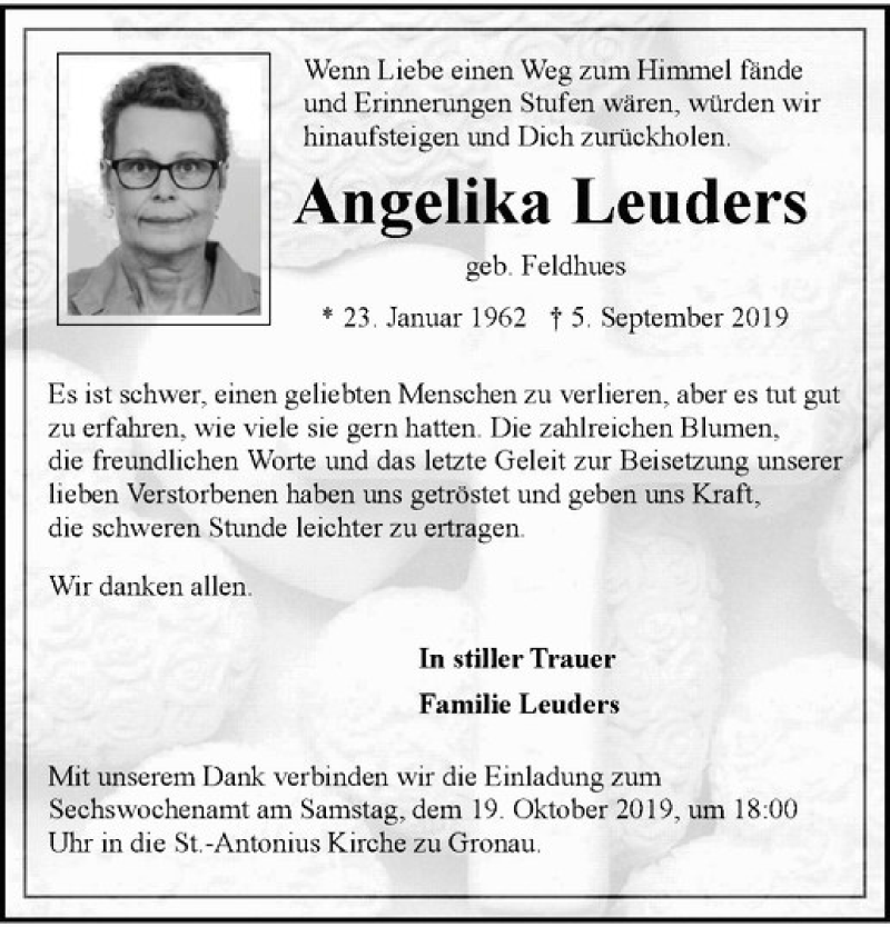  Traueranzeige für Angelika Leuders vom 16.10.2019 aus Westfälische Nachrichten