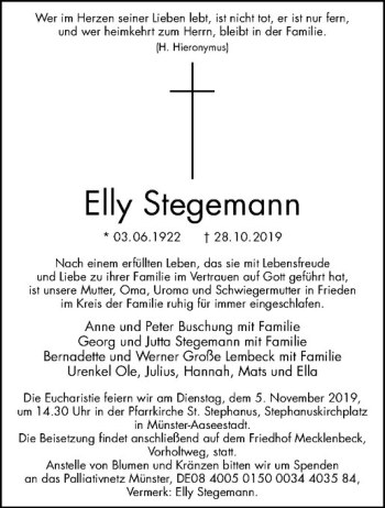 Anzeige von Elly Stegemann von Westfälische Nachrichten