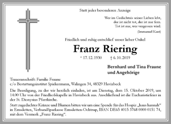 Anzeige von Franz Riering von Westfälische Nachrichten