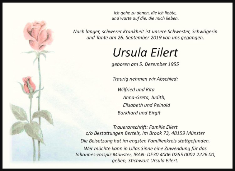  Traueranzeige für Ursula Eilert vom 12.10.2019 aus Westfälische Nachrichten