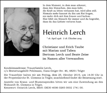 Anzeige von Heinrich Lerch von Westfälische Nachrichten