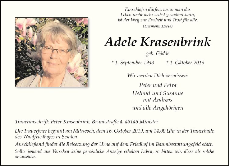  Traueranzeige für Adele Krasenbrink vom 12.10.2019 aus Westfälische Nachrichten