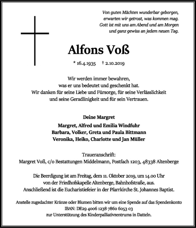  Traueranzeige für Alfons Voß vom 09.10.2019 aus Westfälische Nachrichten