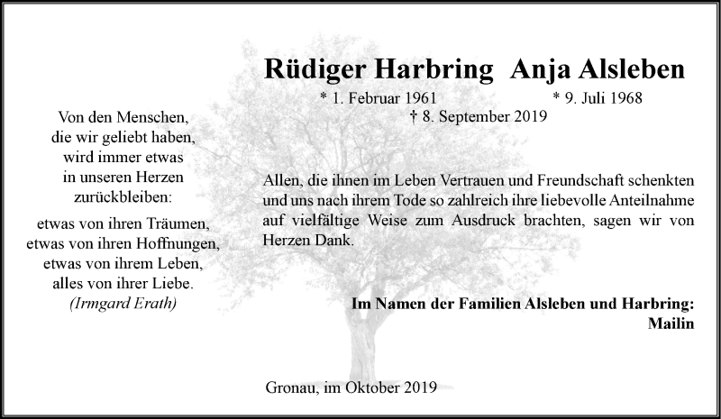  Traueranzeige für Anja Alsleben vom 22.10.2019 aus 