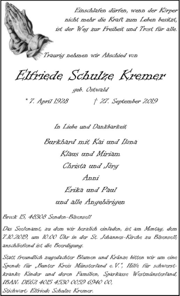 Anzeige von Elfriede Schulze Kremer von Westfälische Nachrichten