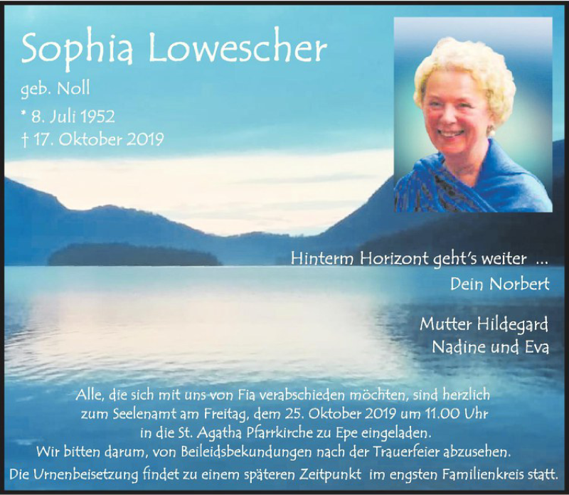  Traueranzeige für Sophia Lowescher vom 22.10.2019 aus Westfälische Nachrichten