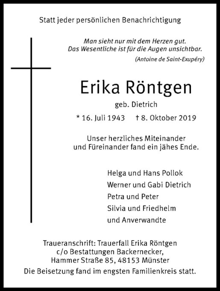  Traueranzeige für Erika Röntgen vom 19.10.2019 aus Westfälische Nachrichten