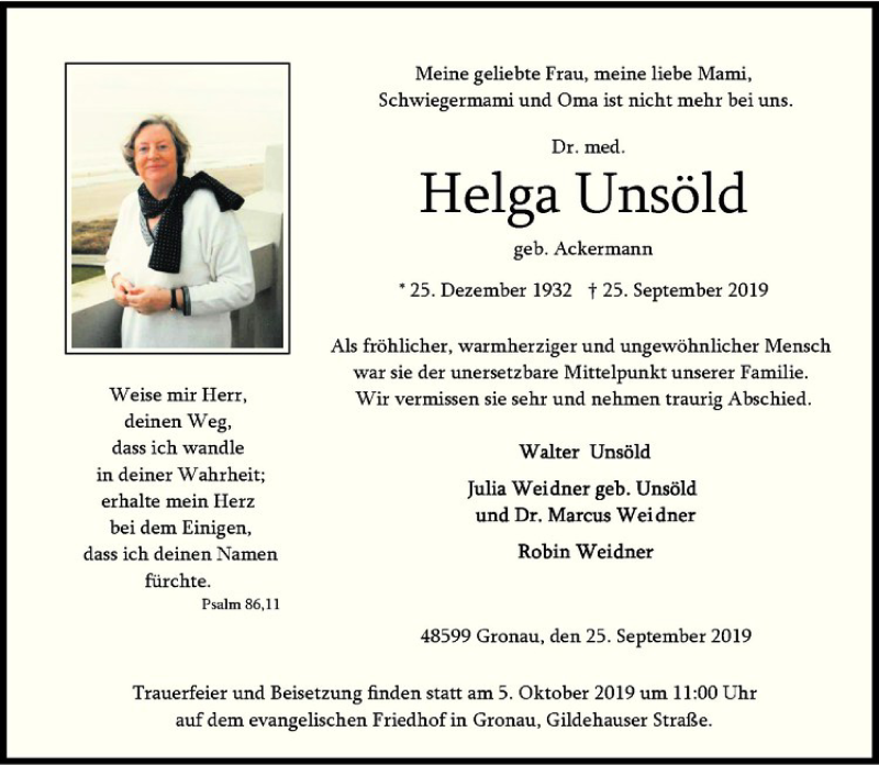  Traueranzeige für Helga Unsöld vom 01.10.2019 aus Westfälische Nachrichten