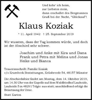 Anzeige von Klaus Koziak von Westfälische Nachrichten
