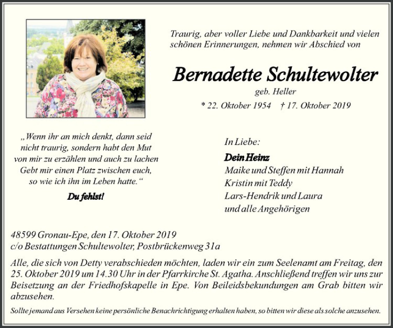  Traueranzeige für Bernadette Schultewolter vom 23.10.2019 aus Westfälische Nachrichten